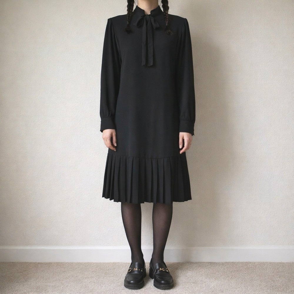 VTG 80s Pierre Cardin Black Tie Neck Drop Waist Pleated Dress Womens Size 10